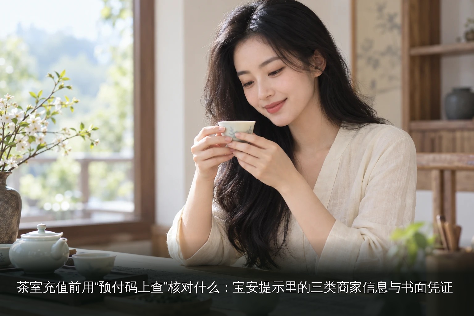 年轻女性品茶主题图|窗边捧杯品茶