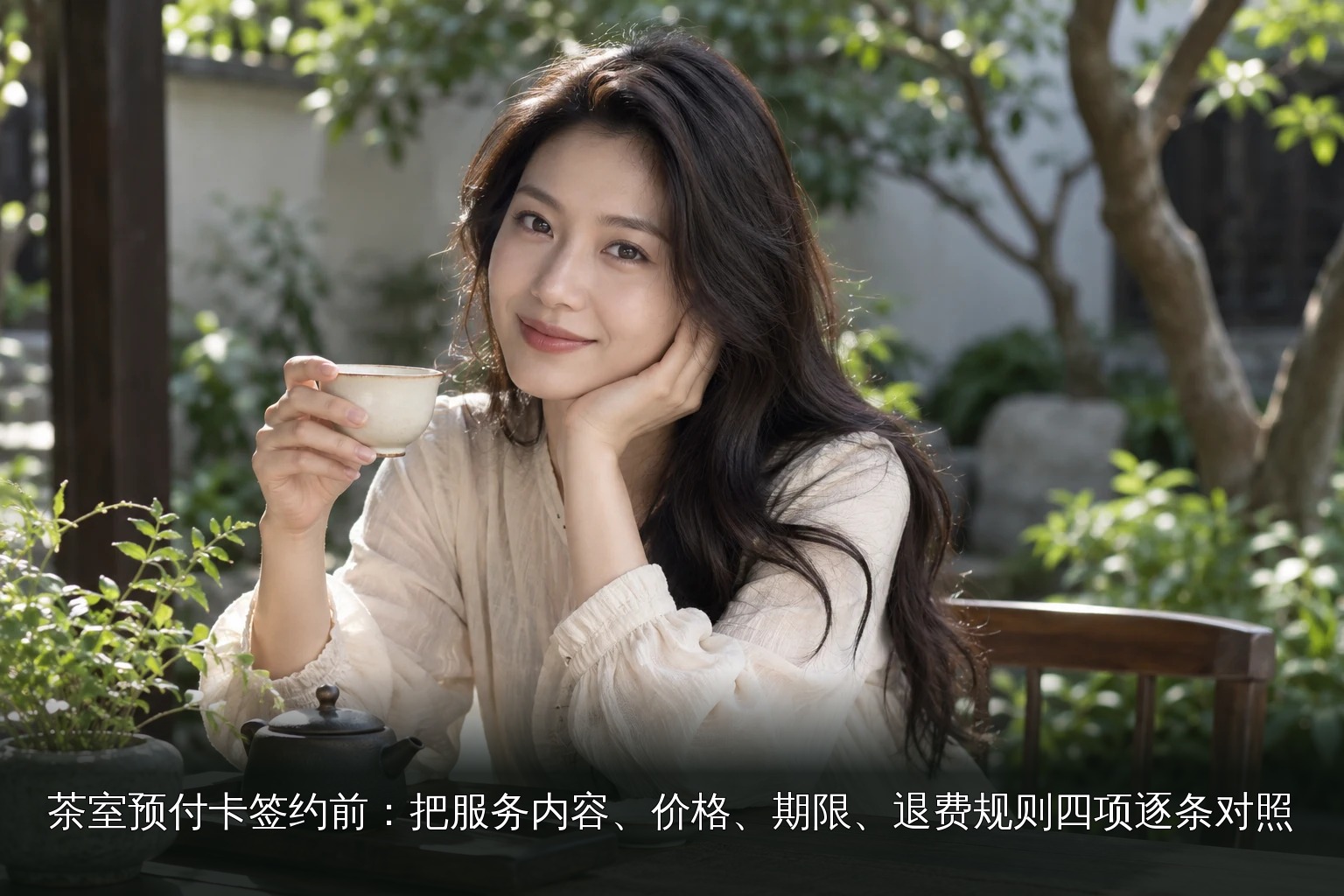 年轻女性品茶主题图｜庭院品茶人物